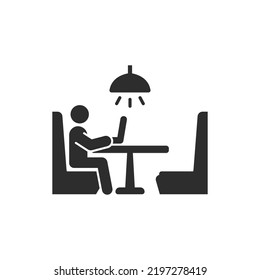 Man working on laptop in cafe, vector icon. Monochrome black and white symbol