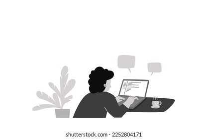 A man working on laptop on cafe, flat vector
