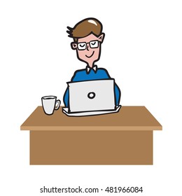 Man working on laptop cartoon drawing