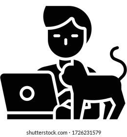 Man working on laptop with cat, work from home vector