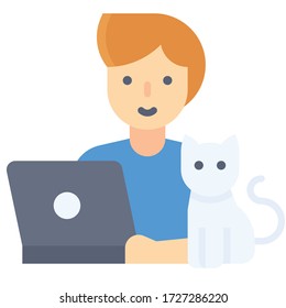 Man working on laptop with cat, work from home vector