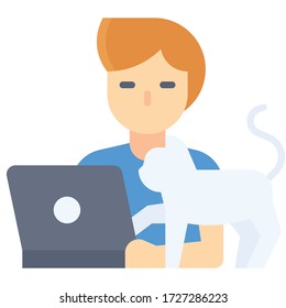 Hombre trabajando en laptop con gato, trabajo desde vector de hogar