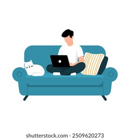 Man Working on Laptop with Cat on Couch