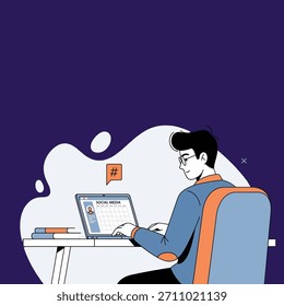 Homem trabalhando em laptop, verificando conteúdo de mídia social, criando estratégia de marketing para o crescimento da empresa. Pessoa criando conteúdo online, gerenciando redes sociais. Ilustração moderna.