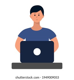 Man working on laptop. Clerk or employee sitting at desk with computer. Concept illustration, working process, management, freelance, office, work from home, business meeting via internet, communicati