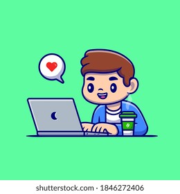 Mann, der auf Laptop arbeitet mit Coffee Cartoon Vektorsymbol Illustration. People Technology Icon Concept Isolated Premium Vector. Flachbildkartonstil