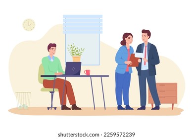 Man working on laptop and colleagues standing in office. Business person sitting at desk, manager talking to boss flat vector illustration. Business, workplace concept for banner or landing web page