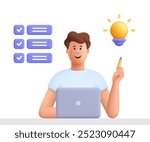 Man working on the laptop computer and holding pencil and pointing to bulb, working on the task. Creativity, planning, work project and business idea. 3d vector people character. Cartoon minimal style