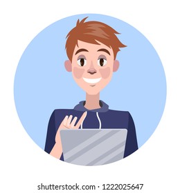 Man working on a laptop computer. Surfing in the internet and chatting with friends. Shopping online and making payment. Isolated flat vector illustration