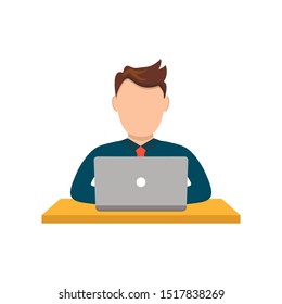 Man working on a laptop computer. Surfing in the internet. And chatting with friends. Shopping online and making payment. Isolated flat vector illustration