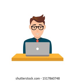 Man working on a laptop computer. Surfing in the internet. And chatting with friends. Shopping online and making payment. Isolated flat vector illustration
