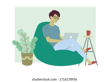 Hombre trabajando en ordenador portátil en casa. Trabajo independiente, trabajo en casa, trabajo a distancia y oficina en el hogar. Ilustración de vectores en un estilo plano