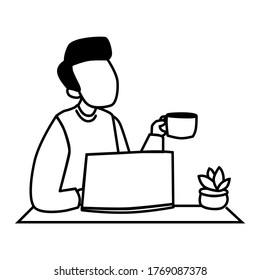 Man working on laptop computer with a cup of coffee. Black and white outline vector illustration design style. Work from home concept design