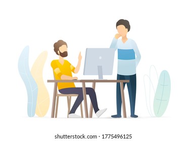 Man working on laptop computer doing business sitting at desk. Coworker or team lead pointing at something on pc screen. Startup project. Vector flat illustration concept on white background.
