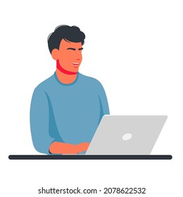 Mann, der mit einem Laptop oder Computer von zu Hause aus mit einer Tasse Kaffee arbeitet. Heimbüro-Konzept, eine Frau, die von zu Hause, Student oder Freiberufler arbeitet. Vektorgrafik, flacher Stil. Remote-Arbeit, Freelance-Konzept