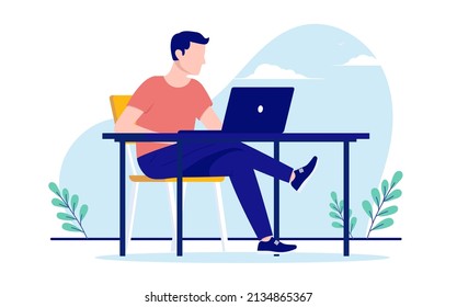 Man working on laptop computer at desk. Flat design vector illustration with white background