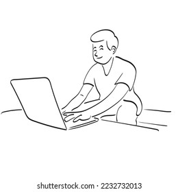 man working on laptop computer on table in his house illustration vector hand drawn isolated on white background line art.
