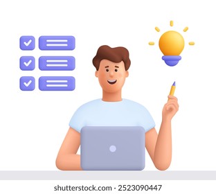 Man working on the laptop computer and holding pencil and pointing to bulb, working on the task. Creativity, planning, work project and business idea. 3d vector people character. Cartoon minimal style