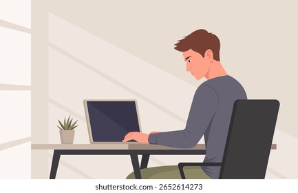 Man working on laptop computer at home office. Vector illustration in flat style