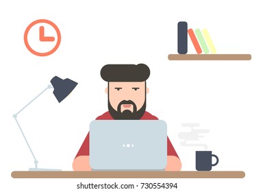 Man working on laptop computer, Freelance work, home office. Vector illustration.