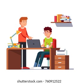 Man working on laptop computer doing business sitting at desk with lamp. His coworker colleague or team lead pointing at something on pc screen. Modern casual office interior. Flat vector illustration