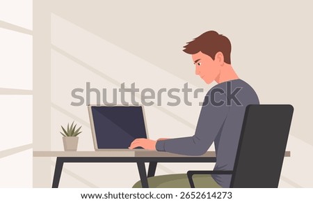 Man working on laptop computer at home office. Vector illustration in flat style