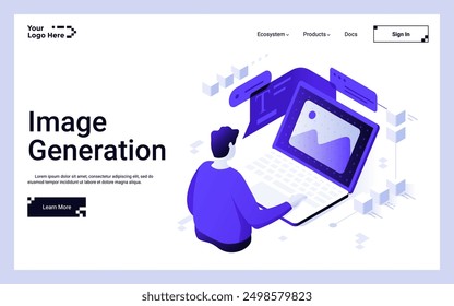 Man working on laptop creating digital art with AI. Image Generation landing page isometric template. Artificial intelligence service for drawing creative 3d vector illustration for web page