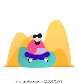 A man working on a laptop decided to take a break. Cool vector illustration of a flat character design. Vector illustration in cartoon style