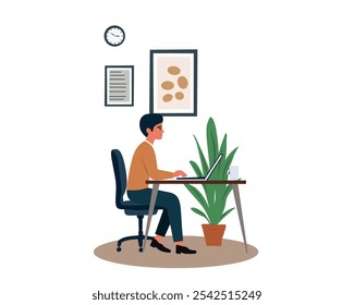 homem trabalhando em um notebook em uma mesa na configuração de um escritório doméstico. O quarto tem elementos de decoração como uma planta, relógio de parede e quadros emoldurados. Representa o trabalho remoto, a produtividade e o ambiente do escritório doméstico.