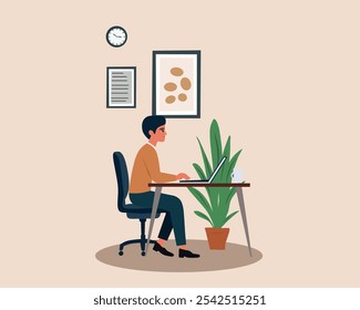 homem trabalhando em um notebook em uma mesa na configuração de um escritório doméstico. O quarto tem elementos de decoração como uma planta, relógio de parede e quadros emoldurados. Representa o trabalho remoto, a produtividade e o ambiente do escritório doméstico.