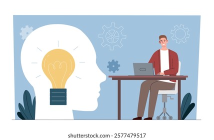 A man working on a laptop at a desk, a head silhouette with a light bulb inside, gears in the background, on a blue background. Concept of innovation. Vector illustration