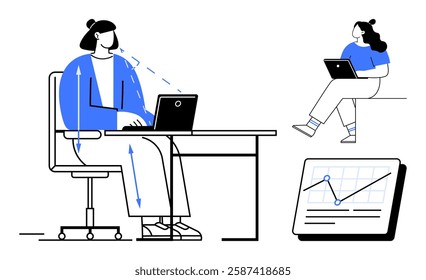Man working on laptop at desk, woman sitting on surface with laptop, and chart with line graph. Ideal for remote work, productivity, office environments, data analysis, business strategies, teamwork