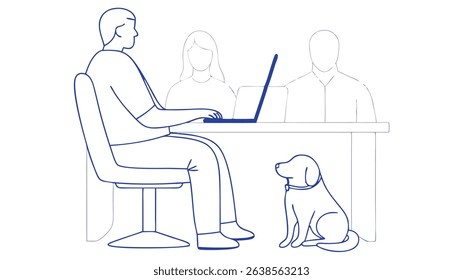 Man working on laptop at a desk with two colleagues in the background and a dog sitting nearby, illustrating a collaborative and relaxed office environment
