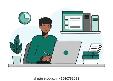 A man is working on a laptop at a desk with a clock, books, and a plant.