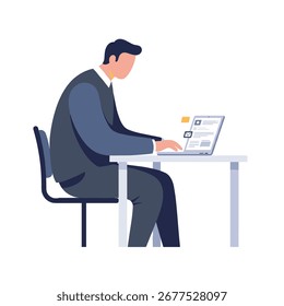 Hombre trabajando en el ordenador portátil en el escritorio, centrado en la pantalla en un entorno de oficina minimalista, transmitiendo una sensación de productividad y estilo de trabajo moderno.