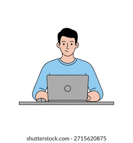 Hombre que trabaja en el ordenador portátil en la Ilustración vectorial plana del escritorio aislada en el fondo blanco