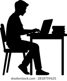 Man working on laptop at desk silhouette isolated on white background. Male student studying on computer with stack of books vector illustration.
