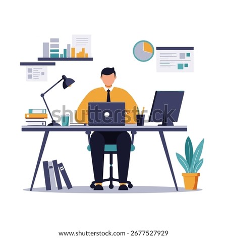 Man working on laptop at desk in office with documents and plant, creating a productive and focused atmosphere for business tasks.