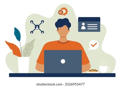 Man Working on Laptop with Digital Network Elements