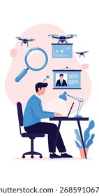 Man working on laptop with drones and magnifying glass overseeing data analysis.