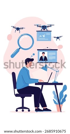 Man working on laptop with drones and magnifying glass overseeing data analysis.