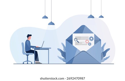 Hombre que trabaja en el ordenador portátil con el concepto del análisis del email, que simboliza la comunicación digital y el análisis de datos