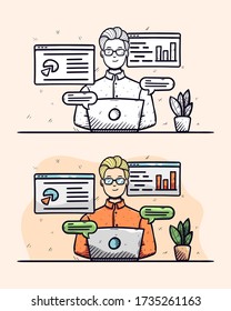 a man working on laptop engraved illustration