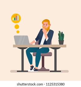 Man working on laptop. Flat cartoon person character, freelancer workplace, work desk. Business concept vector illustration