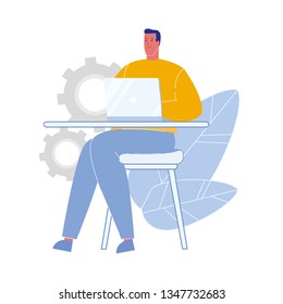 Man Working on Laptop Flat Vector Illustration. Student Using Computer. Character at Workplace in Office. Gear Wheels. Freelancer at Home, Cafe. Data Analyst. Plant Leaves. Busy Guy Clipart