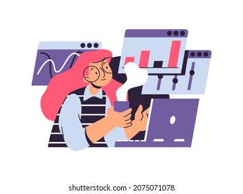 Man working on laptop flat cartoon illustration. Vector data business research, diagram analytics settings on background. Businessman sitting with cup of coffee or tea, comfortable work at home