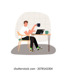 Man Working on Laptop Flat Vector Illustration. Student Using Computer. Character at Workplace in Office. Freelancer at Home, Cafe. With black coffee