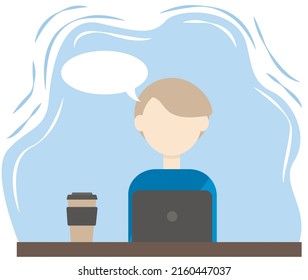 El hombre está trabajando en una laptop. Dibujo de estilo plano. La imagen es adecuada para el trabajo de oficina, la contratación de personal. Ilustración vectorial.