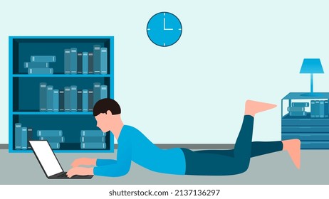 hombre trabajando en laptop en el suelo, trabajo desde casa y flexibilidad de la ilustración vectorial de la hora de trabajo.