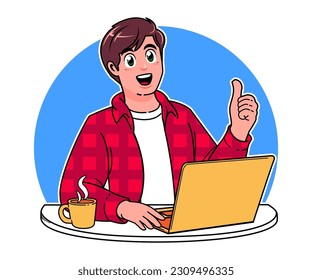 a man working on a laptop, focus on studying, a cup of hot coffee